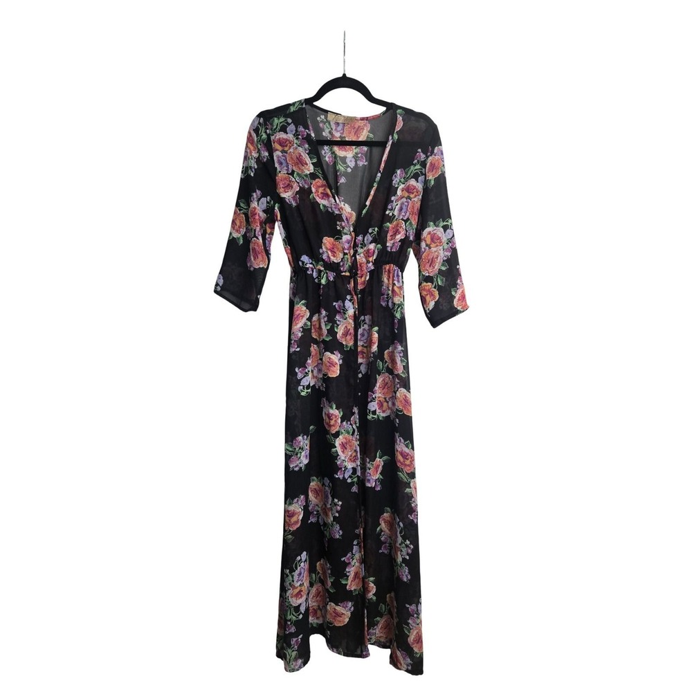 Floral V-Neck Black Rose Print Elastic Waist 3/4 Sleeve Boho